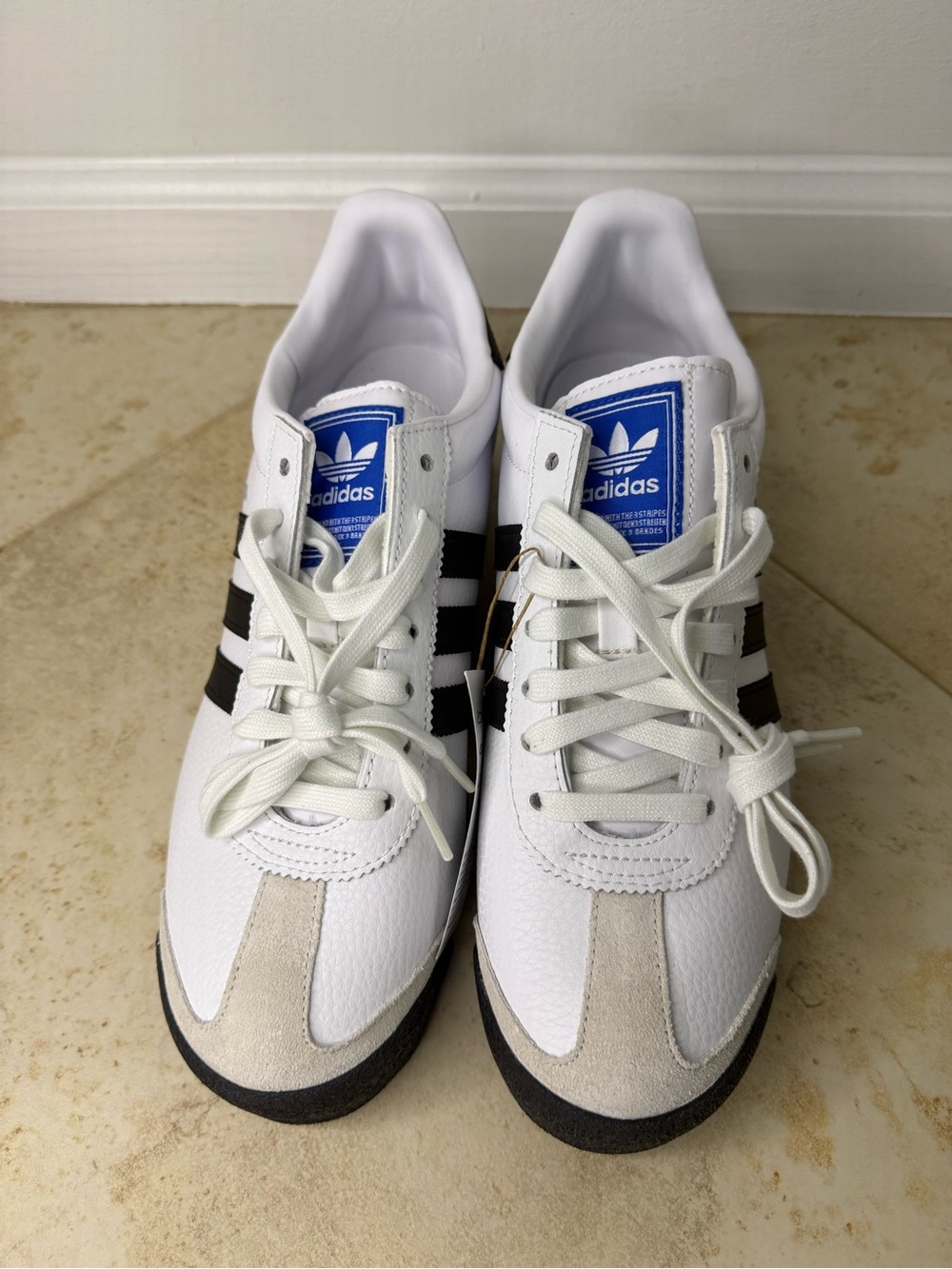 Adidas SAMOA White Sneakers with Black Stripes and Blue Tongue Logo